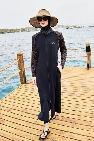 Haşema Tam Boy Kolu Desenli Siyah 5 Parça Tesettür Mayo Takımı HSM4053