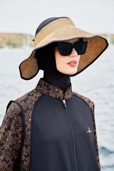 Haşema Tam Boy Kolu Desenli Siyah 5 Parça Tesettür Mayo Takımı HSM4053
