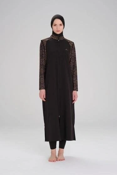 Haşema Tam Boy Kolu Desenli Siyah 5 Parça Tesettür Mayo Takımı HSM4053