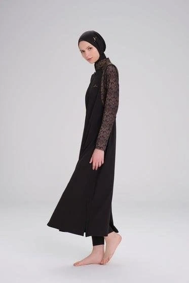 Haşema Tam Boy Kolu Desenli Siyah 5 Parça Tesettür Mayo Takımı HSM4053