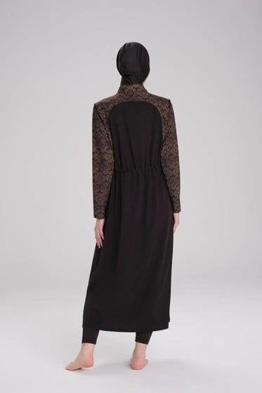 Haşema Tam Boy Kolu Desenli Siyah 5 Parça Tesettür Mayo Takımı HSM4053