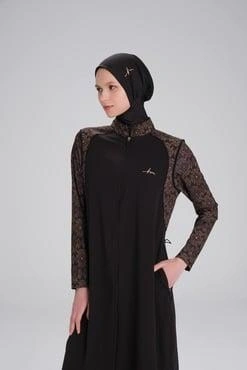 Haşema Tam Boy Kolu Desenli Siyah 5 Parça Tesettür Mayo Takımı HSM4053