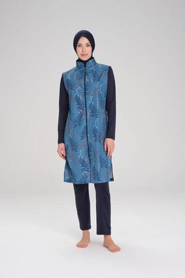 Haşema Yaprak Desenli Petrol 3 Parça Tesettür Mayo Takımı NHR2263