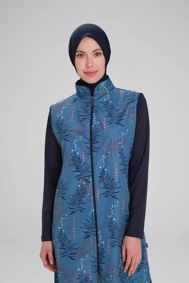 Haşema Yaprak Desenli Petrol 3 Parça Tesettür Mayo Takımı NHR2263