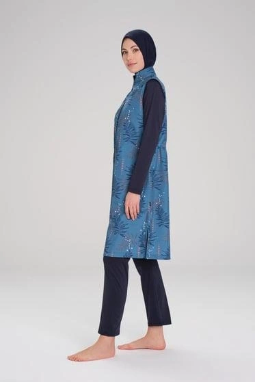 Haşema Yaprak Desenli Petrol 3 Parça Tesettür Mayo Takımı NHR2263