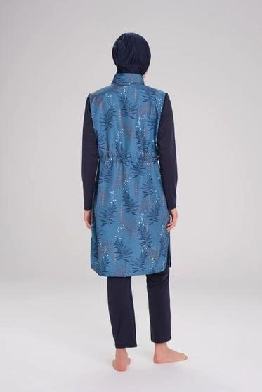 Haşema Yaprak Desenli Petrol 3 Parça Tesettür Mayo Takımı NHR2263
