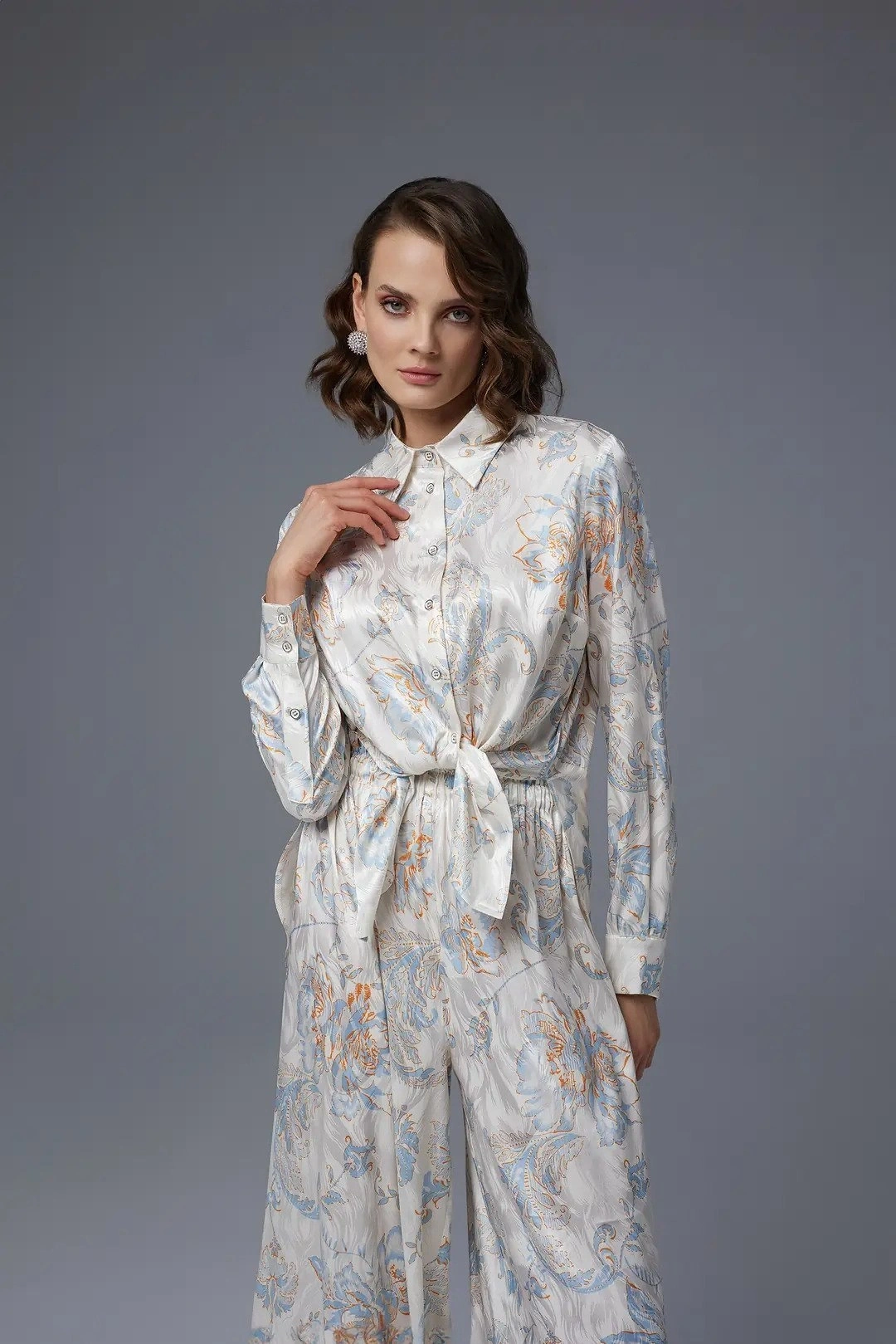 Jamila Sarah Desenli Saten Gömlek Pantolon Takım 9043