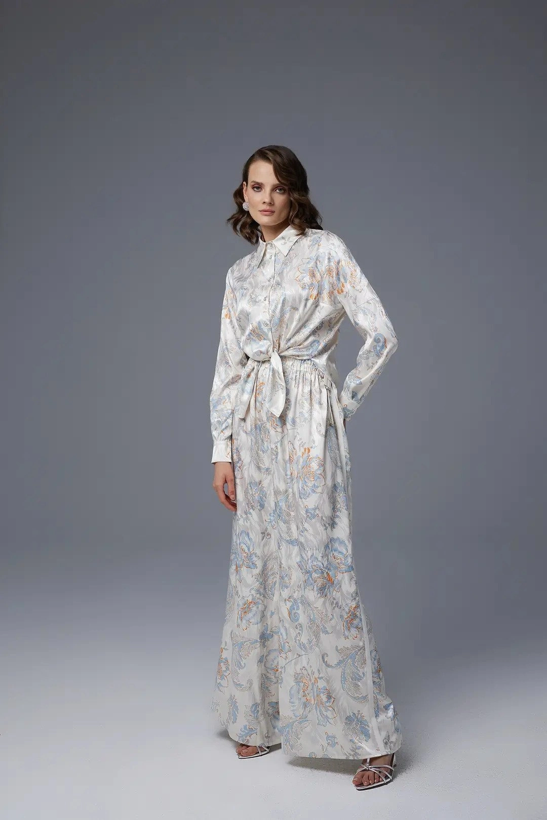 Jamila Sarah Desenli Saten Gömlek Pantolon Takım 9043