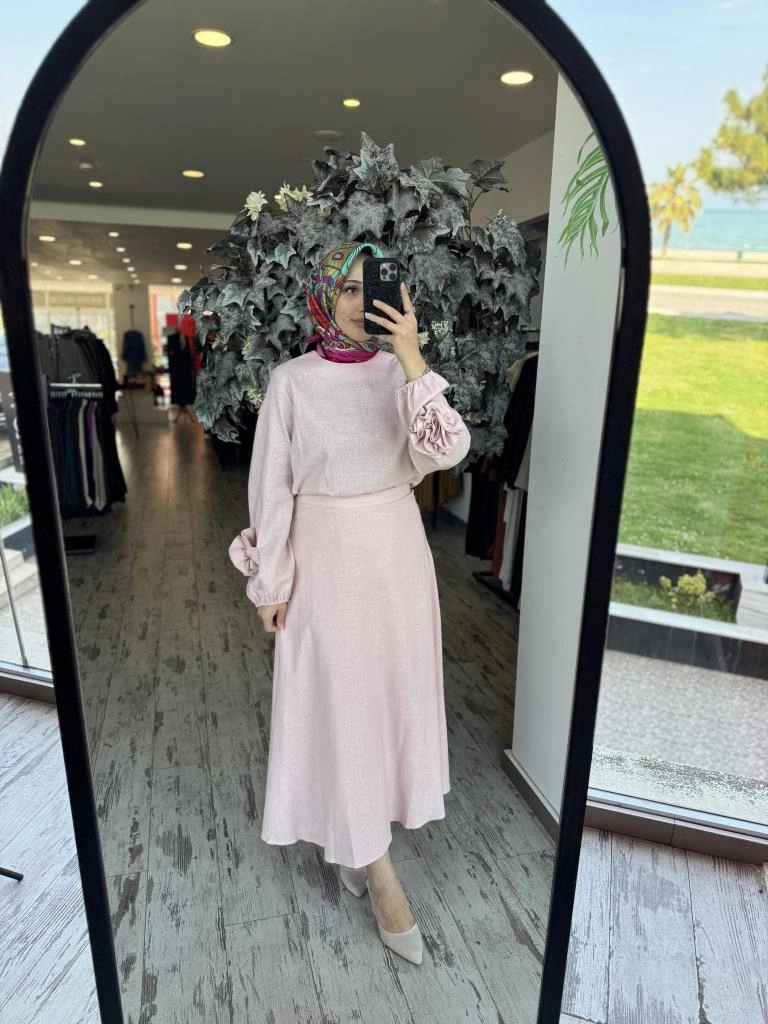 Kahma Kolları Gül Detaylı Pamuk Keten Bluz Etek Takım