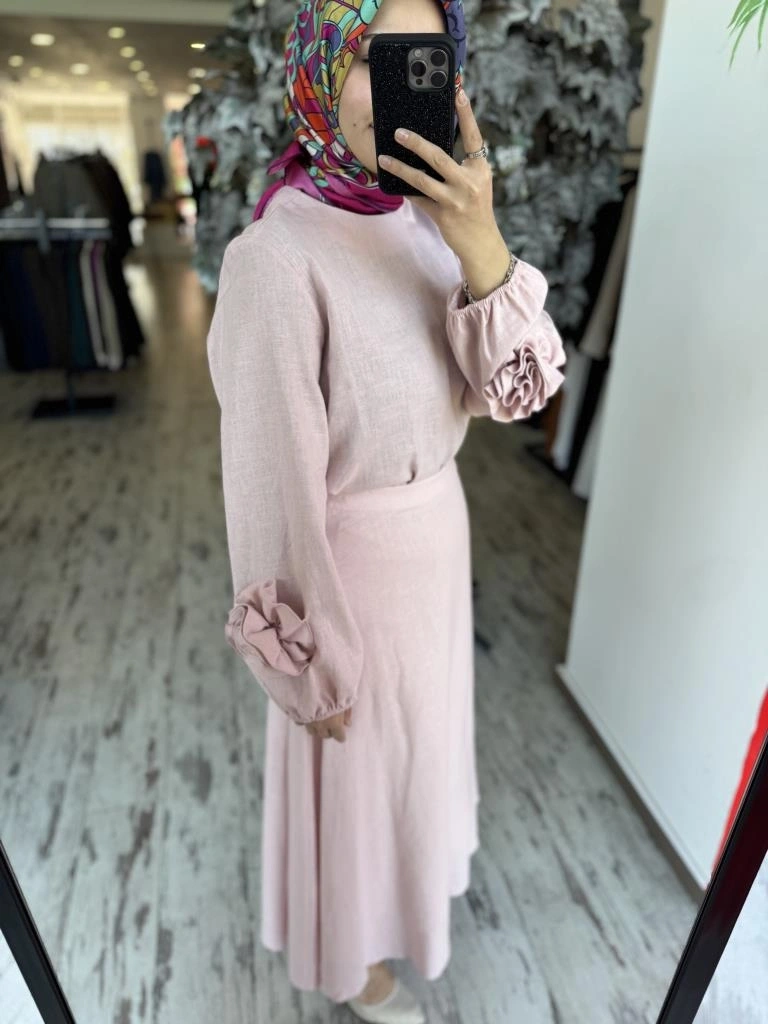 Kahma Kolları Gül Detaylı Pamuk Keten Bluz Etek Takım