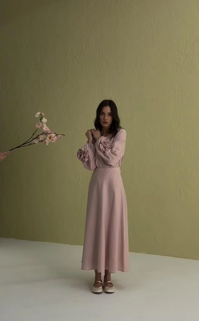 Kahma Kolları Gül Detaylı Pamuk Keten Bluz Etek Takım