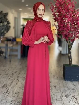 Kenzel Kırmızı Taşlı Saten Tesettür Abiye Elbise (KENZEL2104)
