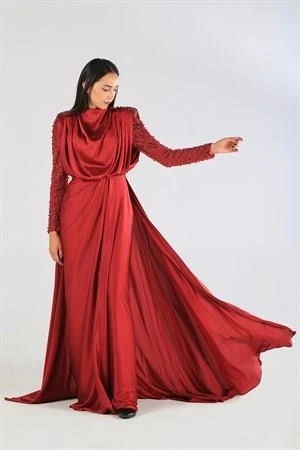 Kenzel Kolu Taşlı Bordo Tesettür Abiye Elbise (KENZEL-1104)