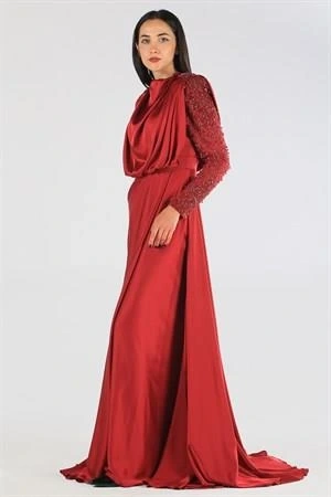 Kenzel Kolu Taşlı Bordo Tesettür Abiye Elbise (KENZEL-1104)