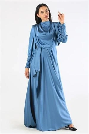 Kenzel Saten İndigo Tesettür Abiye Elbise (KENZEL1103)