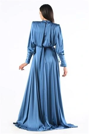 Kenzel Saten İndigo Tesettür Abiye Elbise (KENZEL1103)
