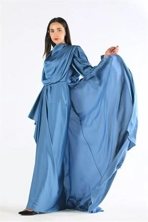 Kenzel Saten İndigo Tesettür Abiye Elbise (KENZEL1103)