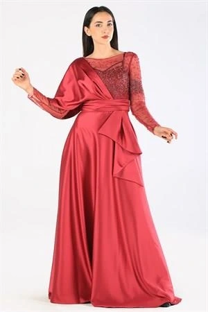 Kenzel Taş Detaylı Bordo Saten Tesettür Abiye Elbise (KENZEL-1001)