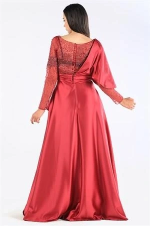 Kenzel Taş Detaylı Bordo Saten Tesettür Abiye Elbise (KENZEL-1001)