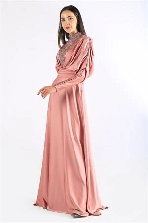 Kenzel Taşlı Somon Saten Tesettür Abiye (KENZEL1102)