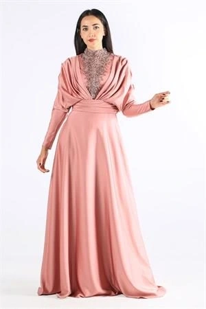 Kenzel Taşlı Somon Saten Tesettür Abiye (KENZEL1102)