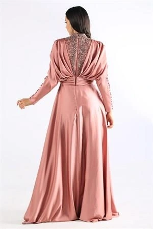 Kenzel Taşlı Somon Saten Tesettür Abiye (KENZEL1102)