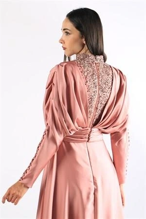 Kenzel Taşlı Somon Saten Tesettür Abiye (KENZEL1102)