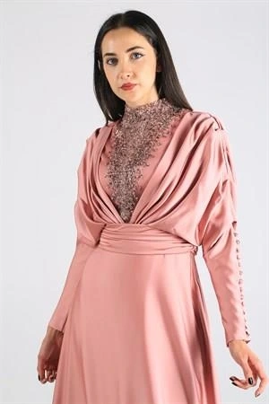 Kenzel Taşlı Somon Saten Tesettür Abiye (KENZEL1102)