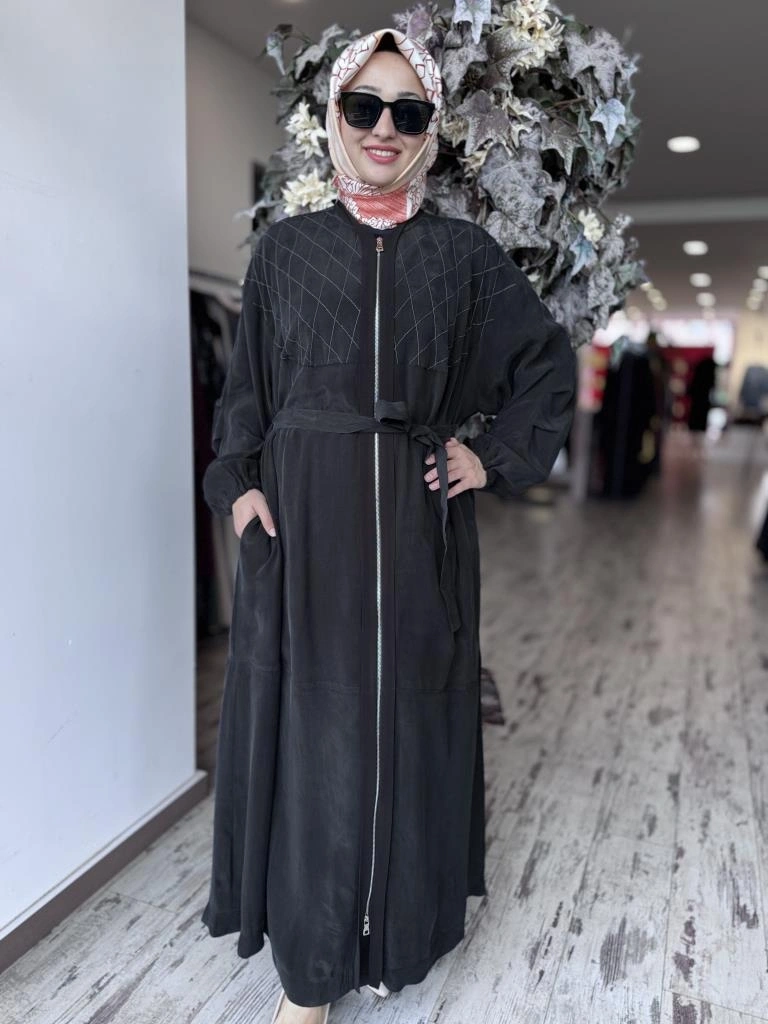 Misswhence Baklava Desen Detaylı Cupra İpek Pardesü / Ferace 37520