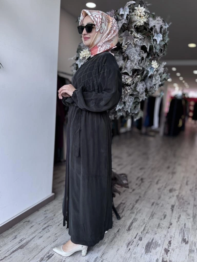 Misswhence Baklava Desen Detaylı Cupra İpek Pardesü / Ferace 37520