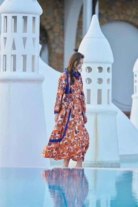 Misswhence Desenli Oranj İpek Elbise 33802