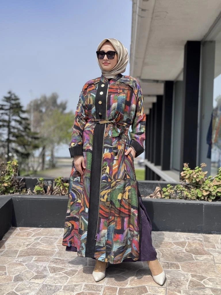 Misswhence Dijital Desenli Fermuarlı Cupra İpek Pardesü 37510