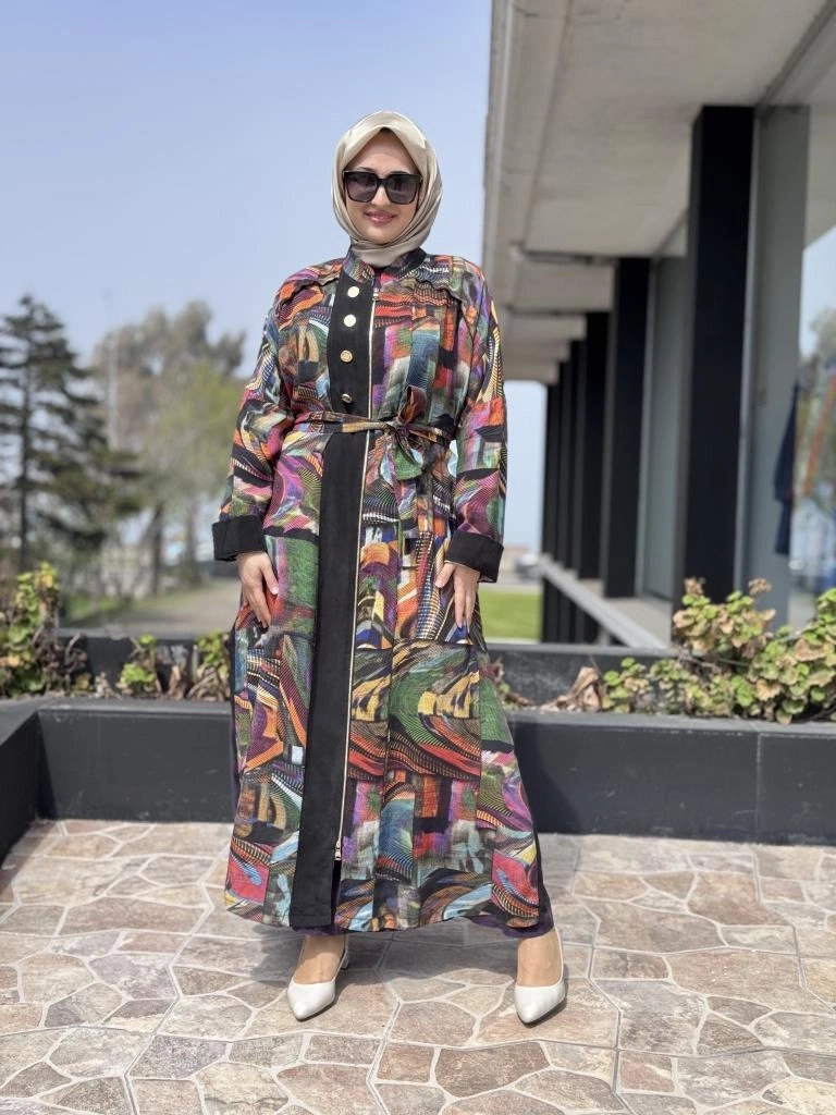 Misswhence Dijital Desenli Fermuarlı Cupra İpek Pardesü 37510