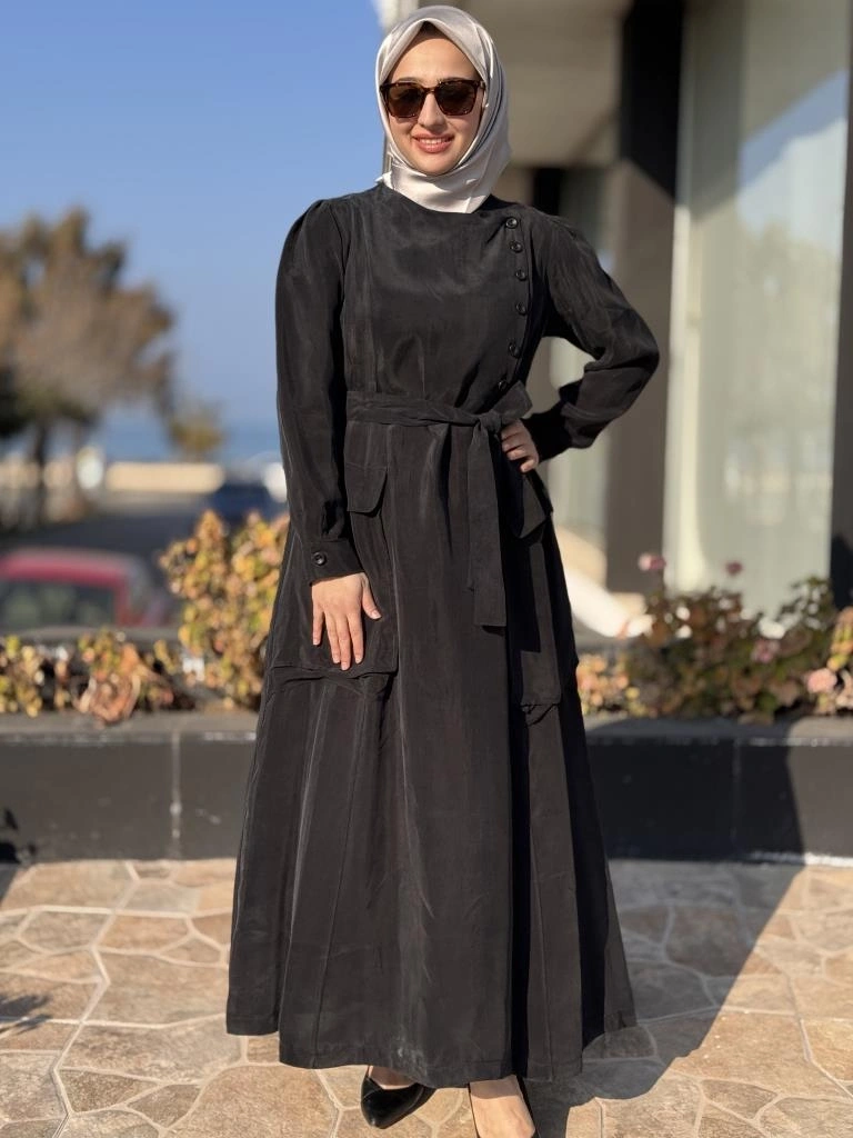 Misswhence Düğme ve Cep Detaylı Cupra İpek Elbise 37805