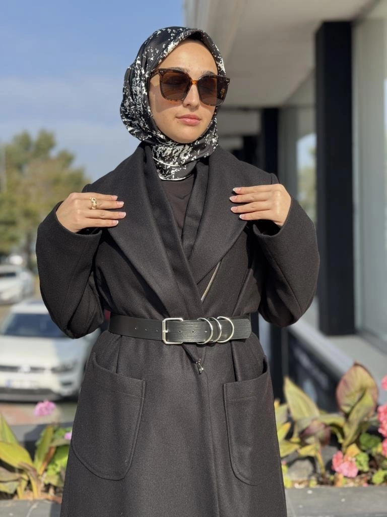 Misswhence Fermuar Detaylı Kemerli Kaşe Kap 36411