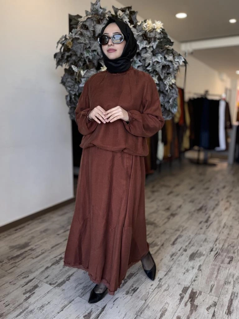 Misswhence Fistolu İpek Keten Bluz Etek Takım 37000