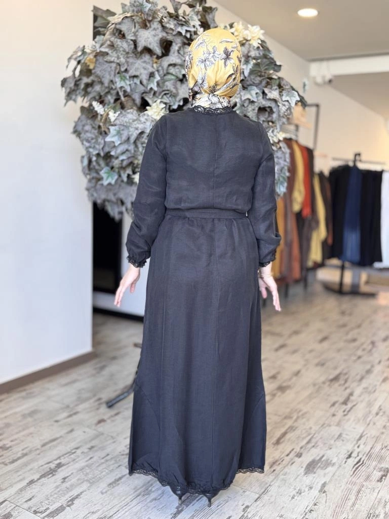 Misswhence Güpür Detaylı İpek Keten Elbise 37831