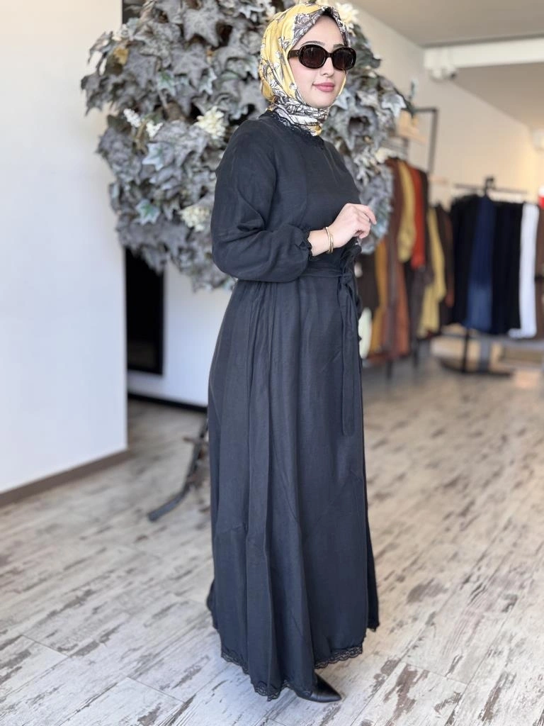 Misswhence Güpür Detaylı İpek Keten Elbise 37831