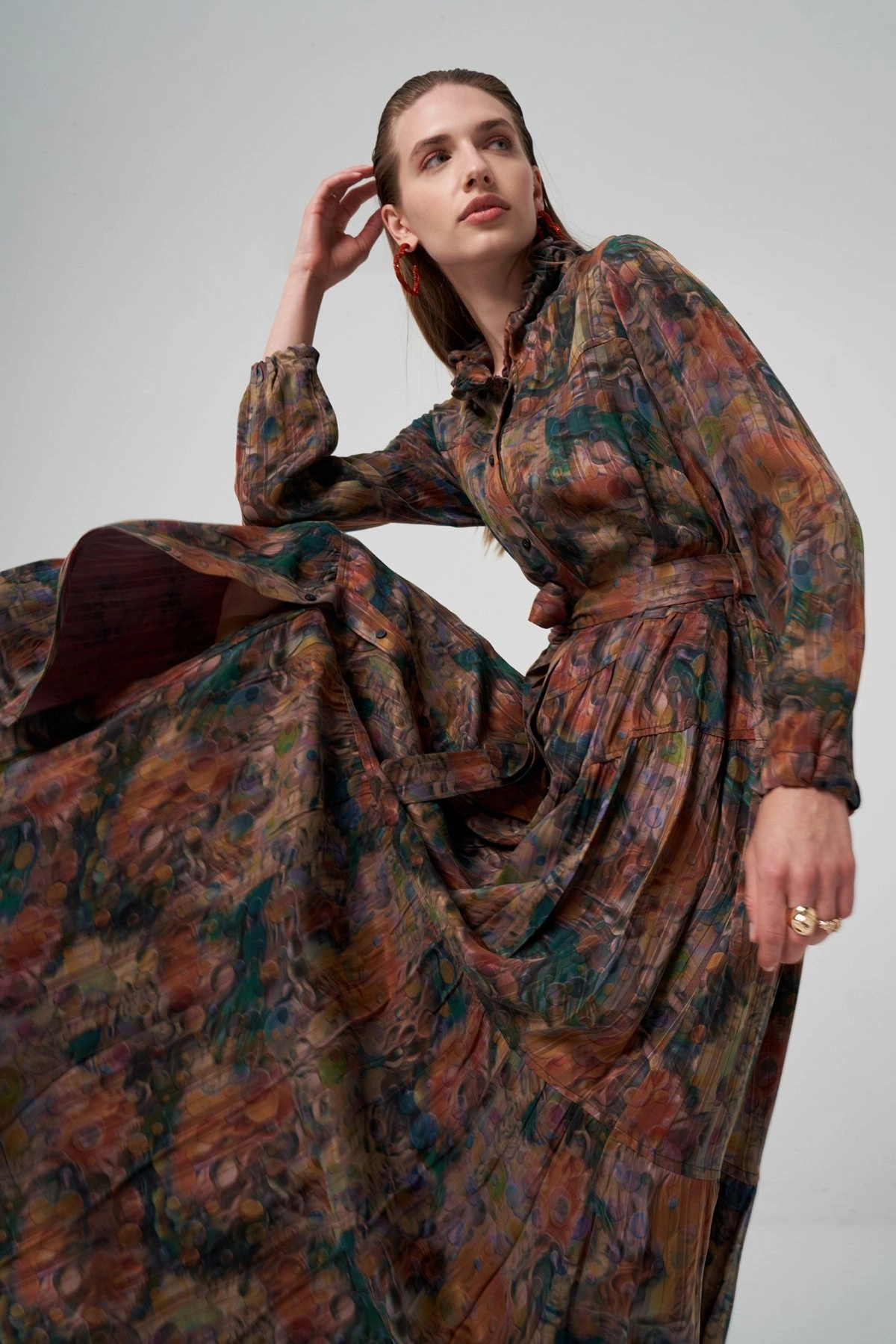 Misswhence Jakarlı Desenli İpek Gömlek Elbise 36515