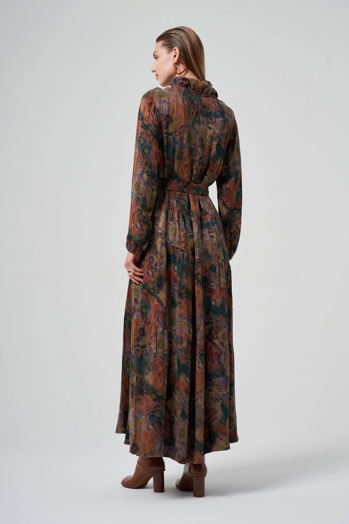 Misswhence Jakarlı Desenli İpek Gömlek Elbise 36515