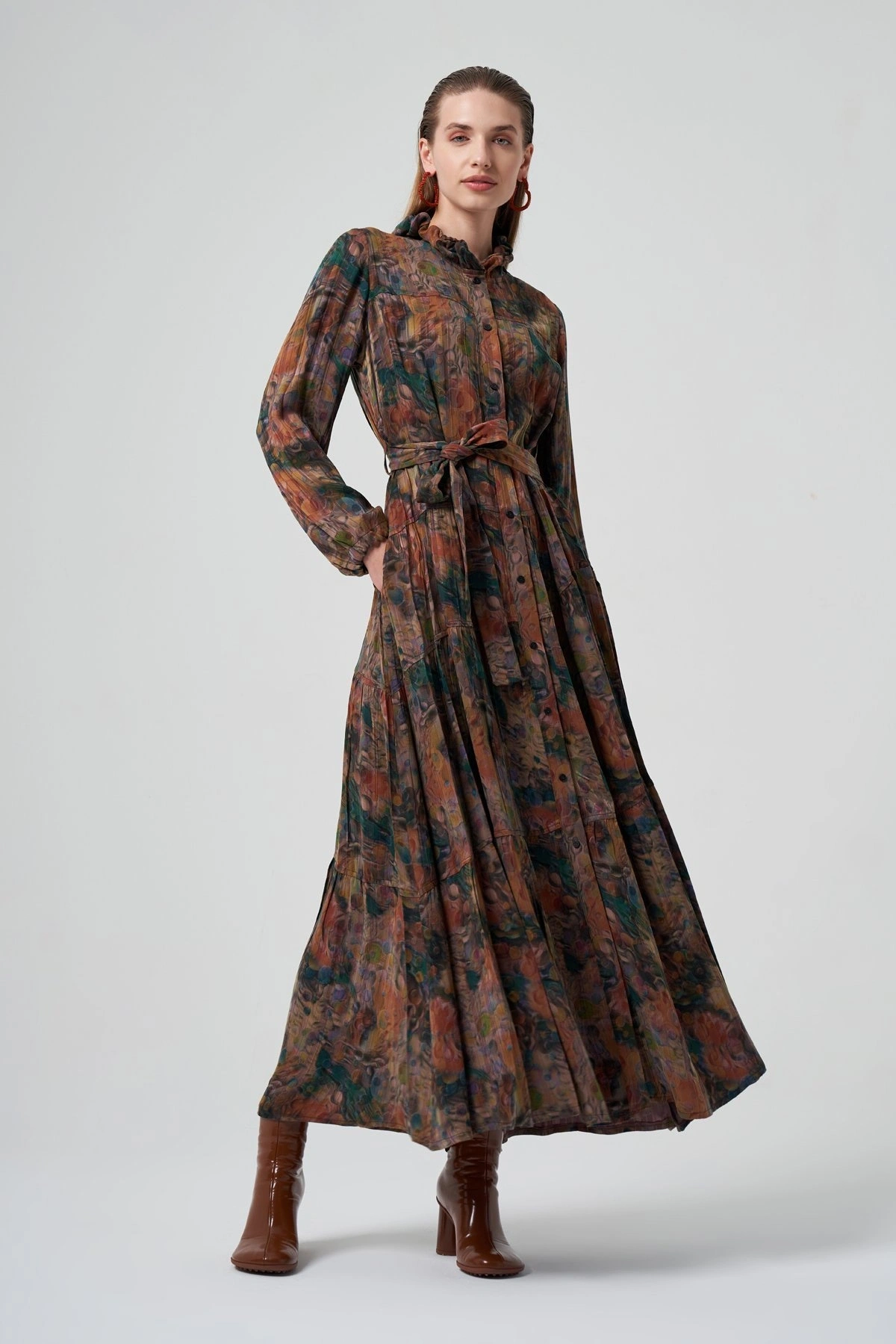 Misswhence Jakarlı Desenli İpek Gömlek Elbise 36515