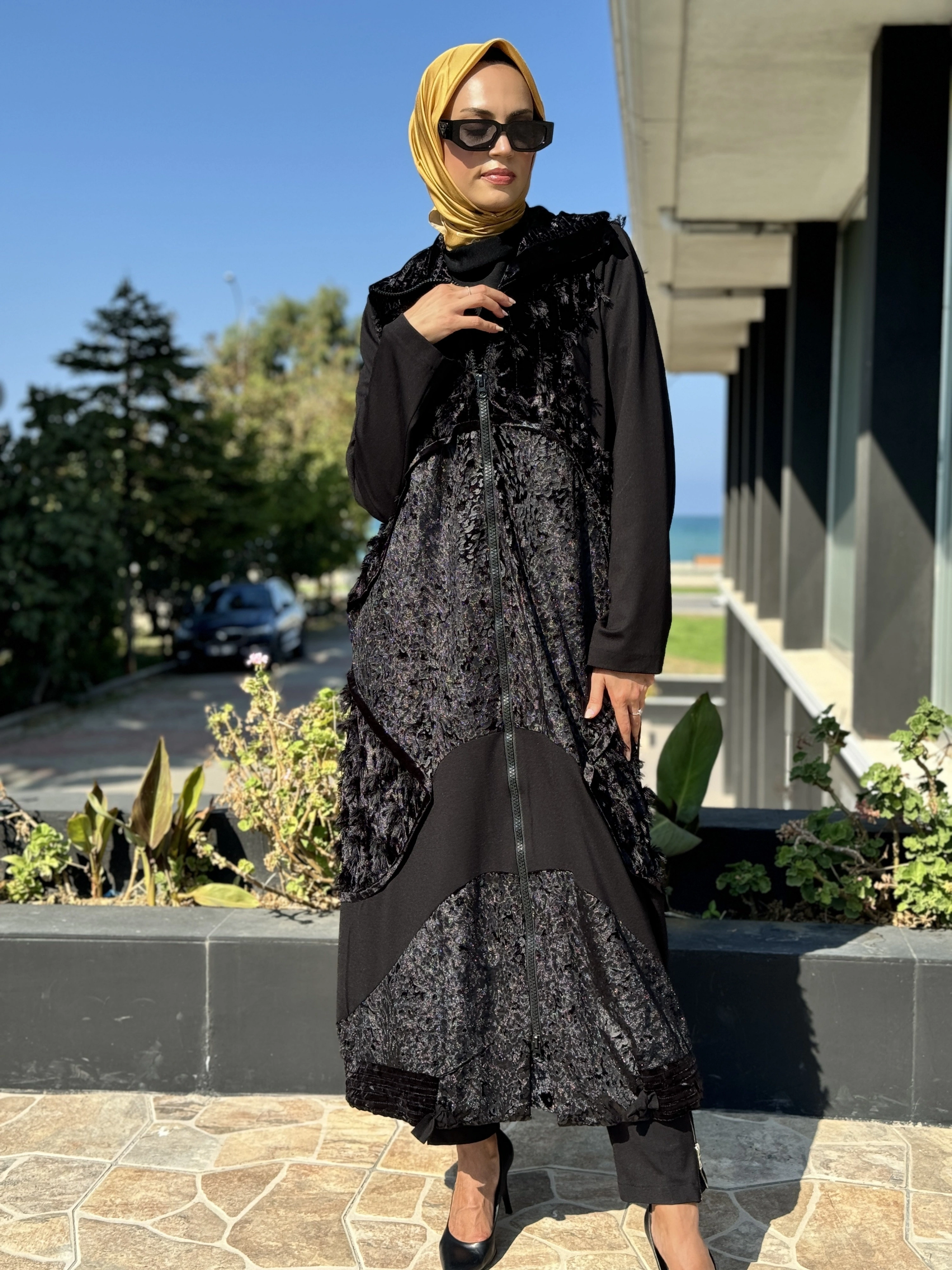 Misswhence Kadife Patchwork Siyah Pardesü 36410