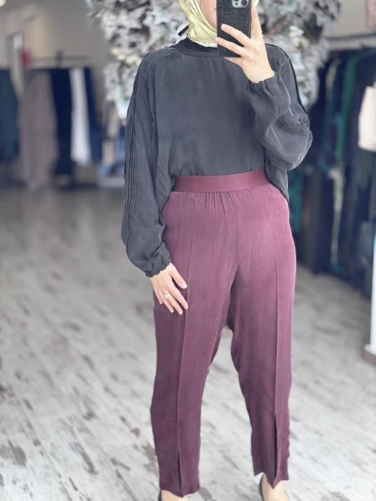 Misswhence Paçası Drape Detaylı Beli Lastikli Cupra İpek Pantolon 37108