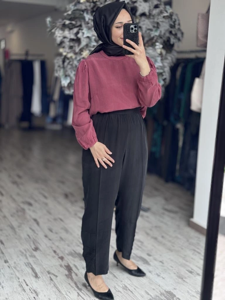 Misswhence Paçası Drape Detaylı Beli Lastikli Cupra İpek Pantolon 37108