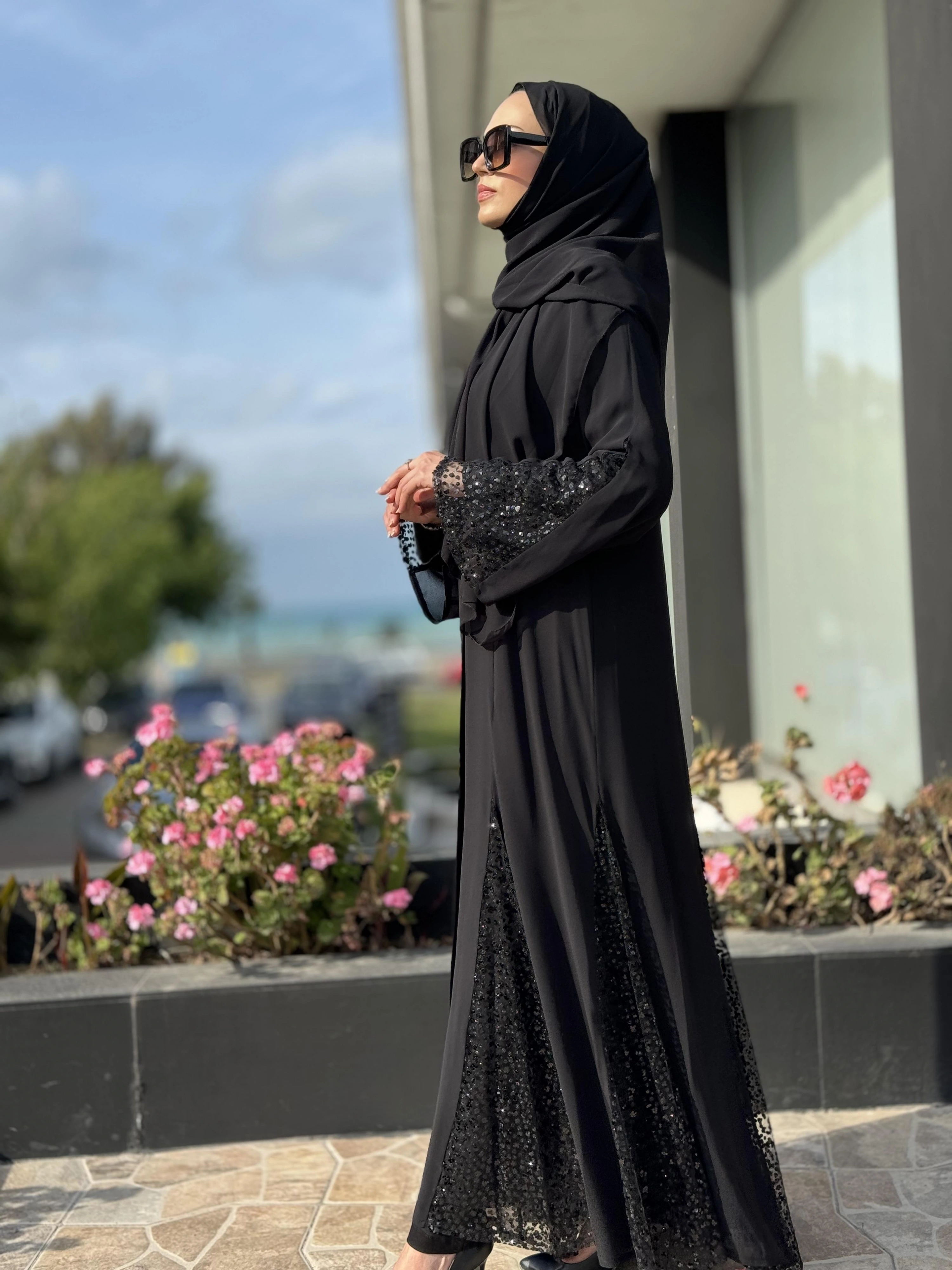 QEFFA Kol Ve Etek Uçları Parça PuL-Payet  Detaylı Siyah Ferace / Elbise Q171