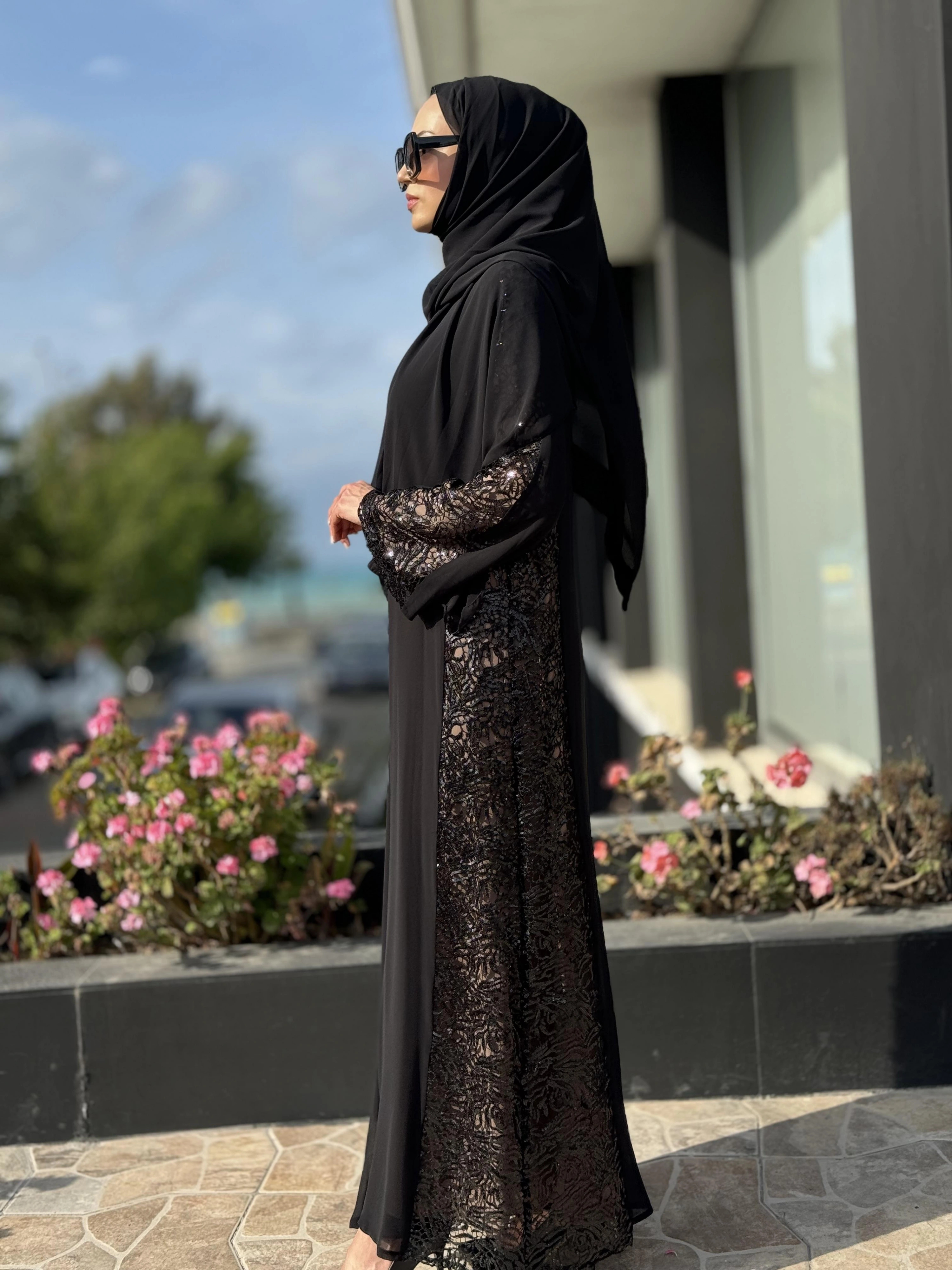 QEFFA Yanları Ve Kolları Dantelli Siyah Ferace / Elbise Q162