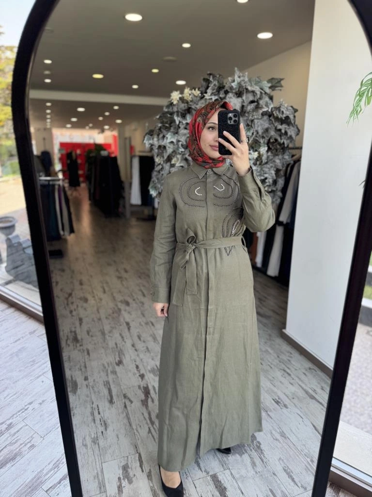 Qupra Boncuk İşlemeli Keten Elbise WAB85008