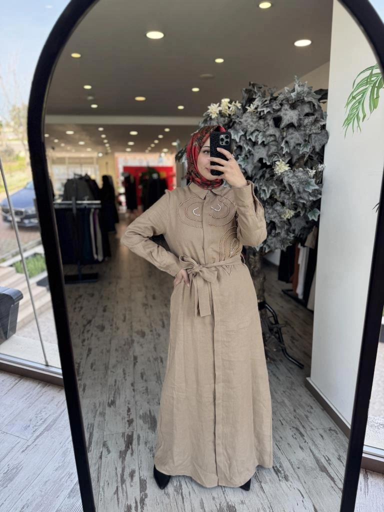 Qupra Boncuk İşlemeli Keten Elbise WAB85008