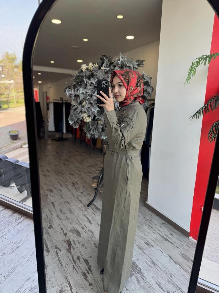 Qupra Boncuk İşlemeli Keten Elbise WAB85008