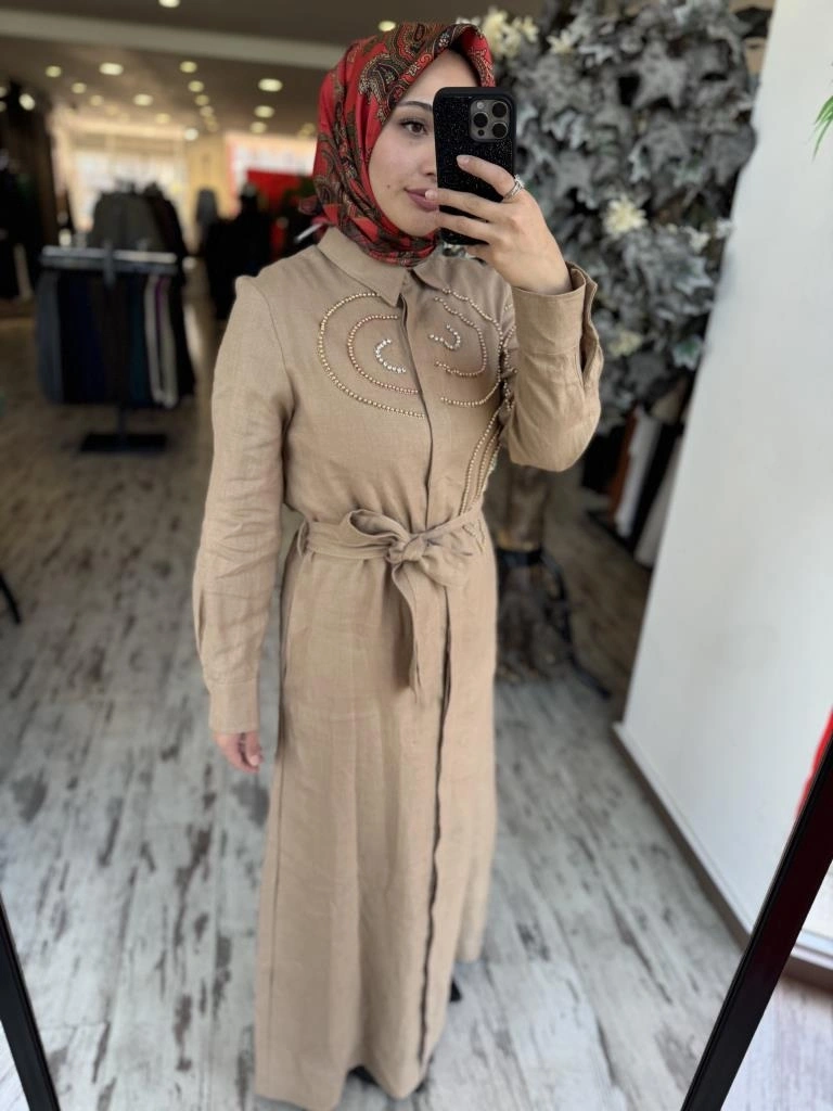 Qupra Boncuk İşlemeli Keten Elbise WAB85008